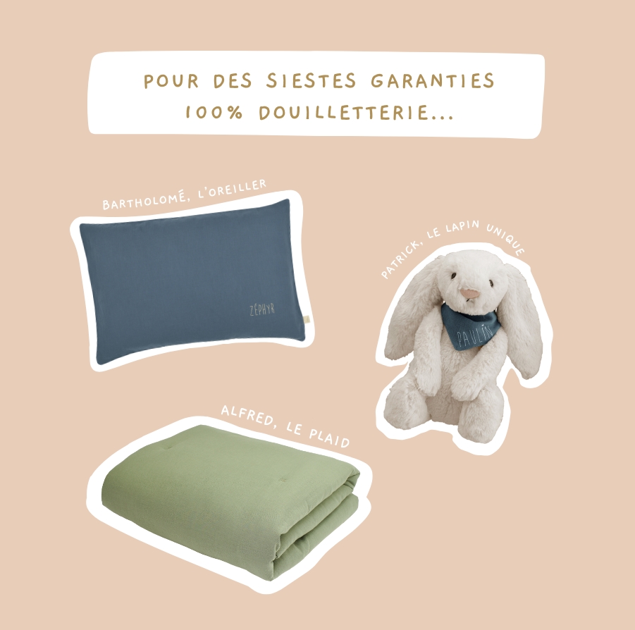 Oreiller, plaid et doudou pour la sieste